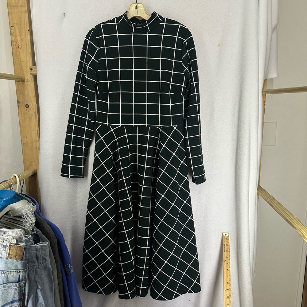Women's Long Sleeve Plaid Fit Flare Midi Dress Large GREEN Formal Cocktail